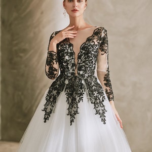 Untraditional Black and White Ball Gown Gothic Wedding Dress Bridal Long Sleeves Plunging Neckline Lace