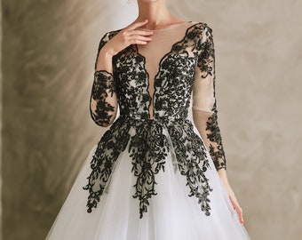 Untraditional Black and White Ball Gown Gothic Wedding Dress Bridal Long Sleeves Plunging Neckline Lace