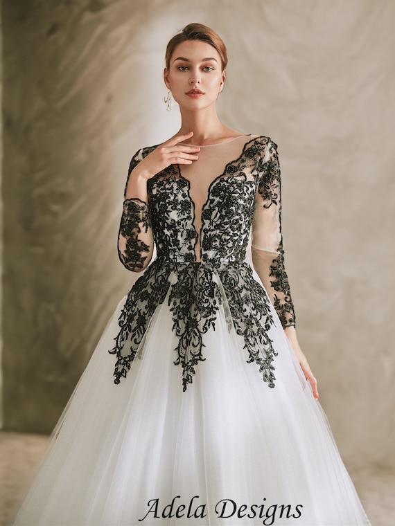 A Line V Neck Black White Long Prom Dresses with High Slit, V Neck Bla –  Shiny Party