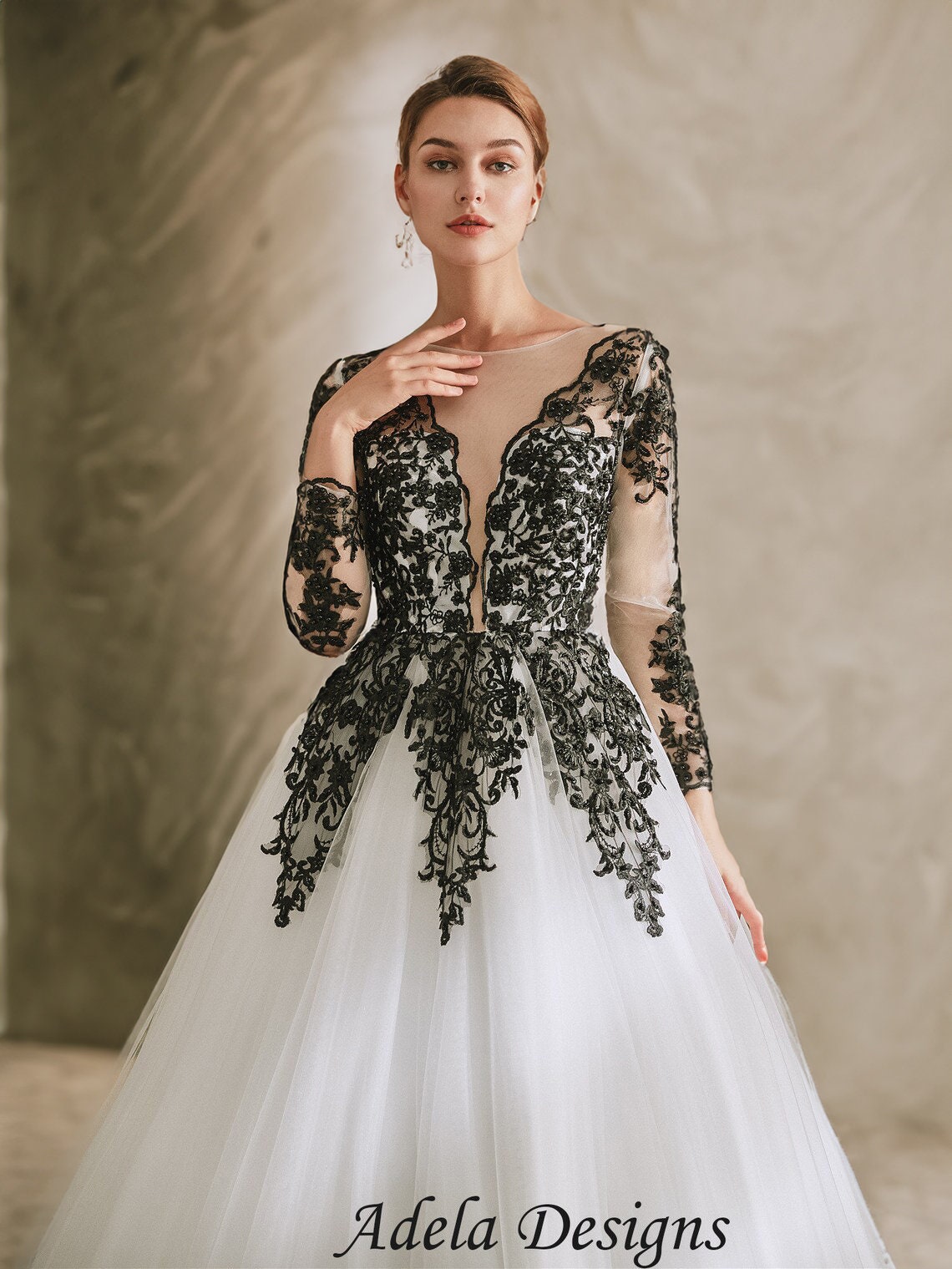 White Fringe Wedding Gown, Long Sleeve Bridal, Lace Wedding Dress