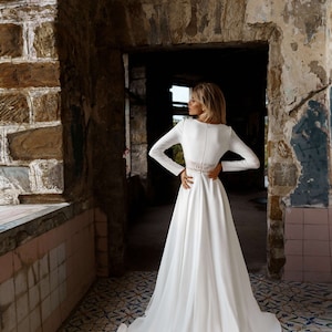 Crepe Wedding Dress With Long Sleeves Minimalist Boho Aline V - Etsy