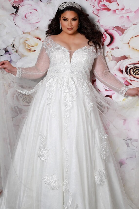 Sparkle Aline Plus Size Wedding Dress Bridal Gown Plunge V