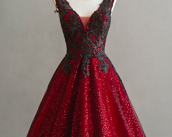 Black And Red ALine Gown Gothic Wedding Dress Bridal V Neckline Lace Bare Shoulders Open Back Unique Design Sparkle Dress Corset Back
