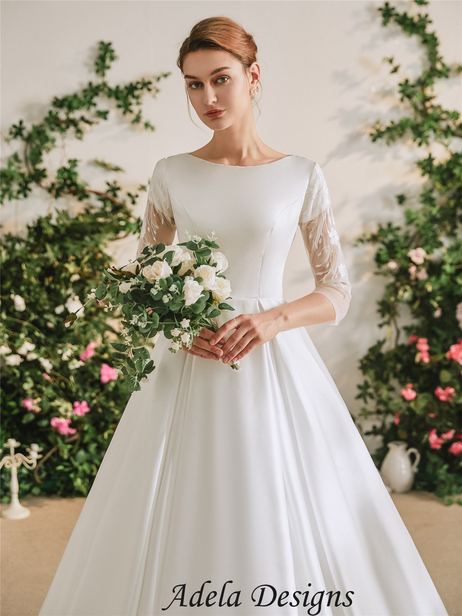 Modest Satin Wedding Dress Bridal Gown With Sheer Lace Sleeves Etsy