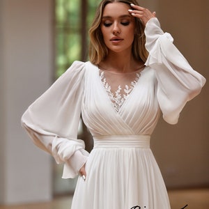 Beautiful Minimalist Long Sleeve Illusion V Neckline Chiffon Wedding Dress Bridal Gowns Plus Size Short Train Simple Classic Design