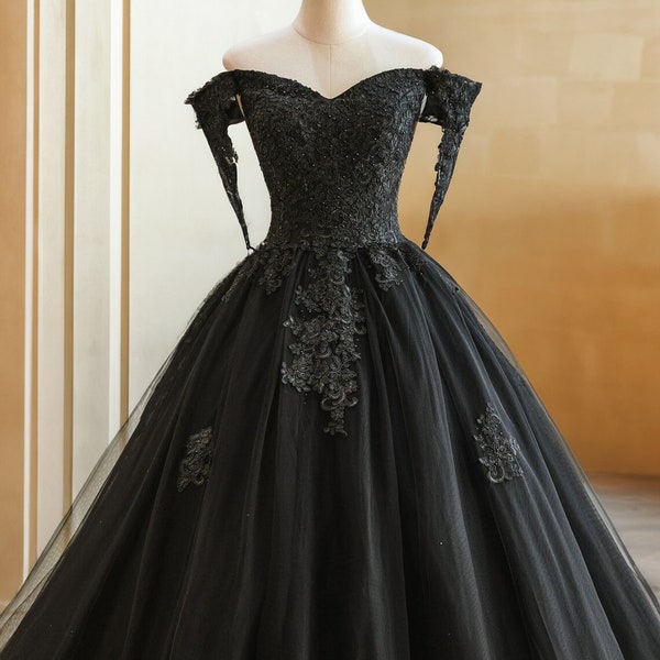 Modern Gothic Black Ball Bridal Gown Wedding Dress Off The Shoulder Ball Gown Lace Train Unique Design Goth Bride