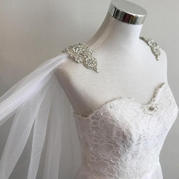 Cape Veil Rhinestone Appliques on Shoulders Long, Bridal Shoulder Veil In White, Ivory