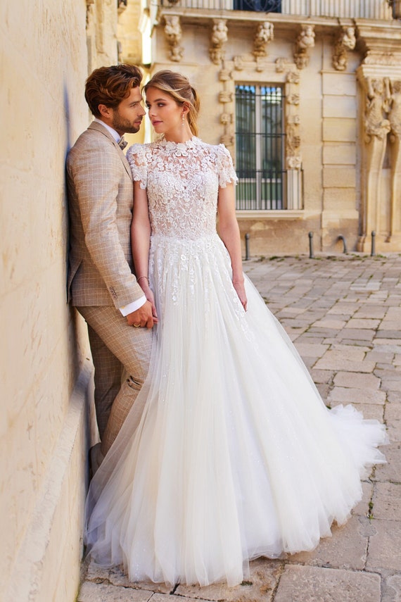 Beautiful Floral Lace High Neckline Short Sleeve Wedding Dress