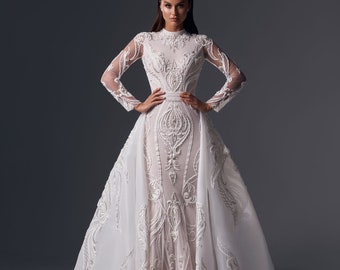 Luxury Fit and Flare Long Sleeve Modest High Neckline Closed Back Detachable Train Wedding Dress Bridal Gown Unique Lace