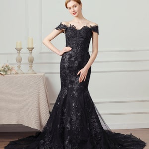 Gothic Black Sweetheart Lace Wedding Dress Bridal Gown Mermaid Trumpet ...