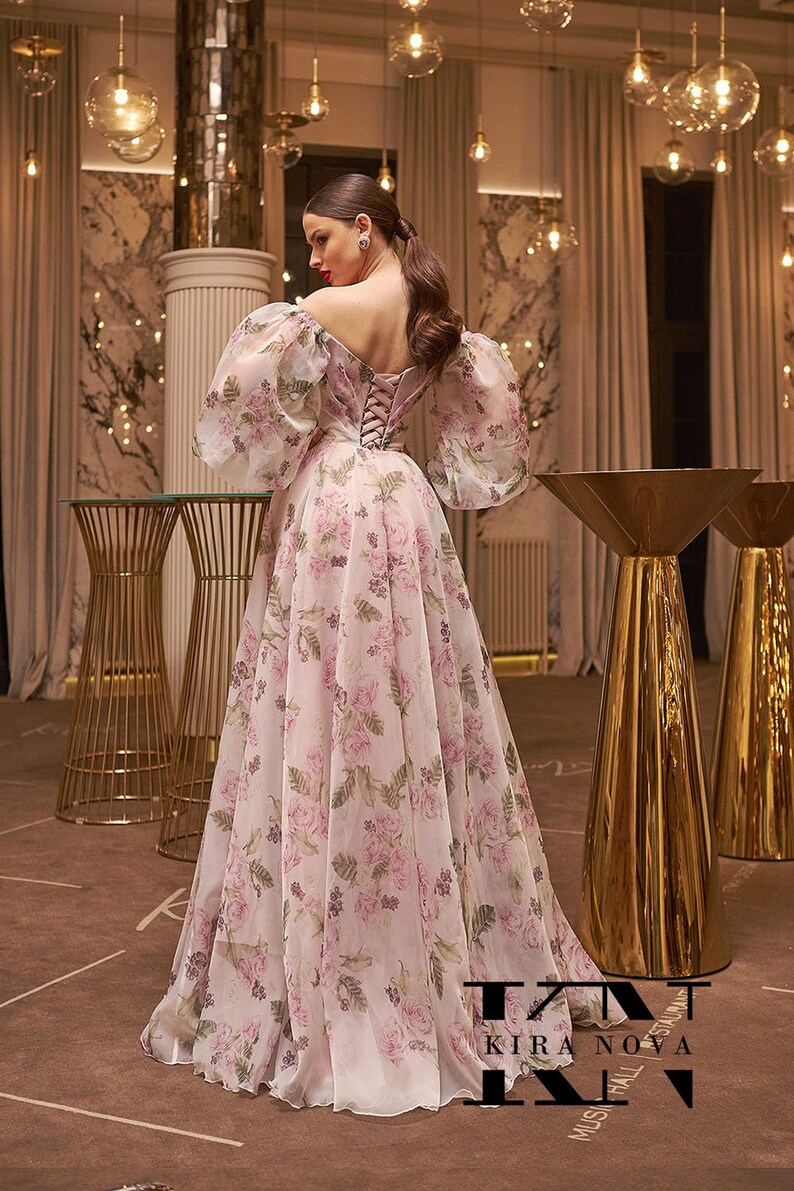 Romantic Floral Print Pink Off The Shoulder Puff Sleeve Aline Wedding Guest Formal Gown Reception Dress Bridal Shower Evening image 3