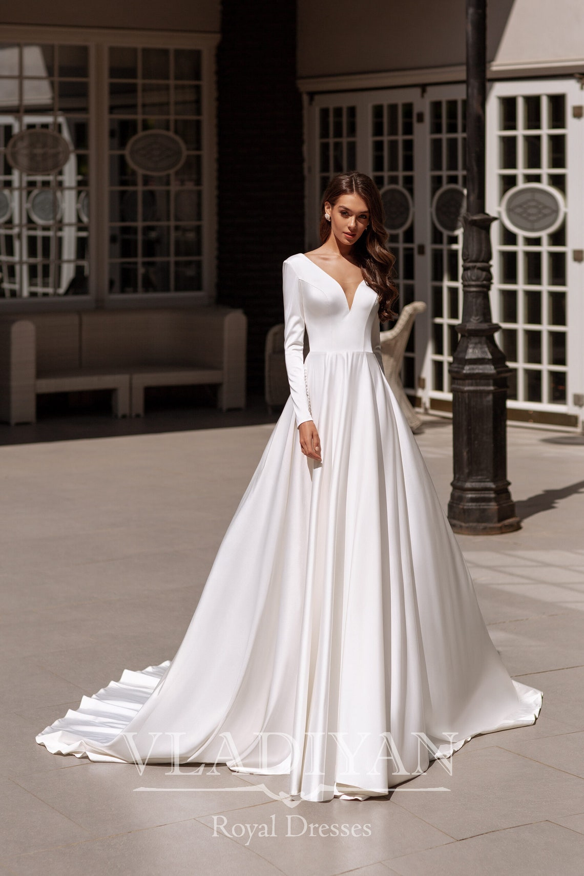Classic Satin Luxury Wedding Dress Bridal Gown Long Sleeves V - Etsy