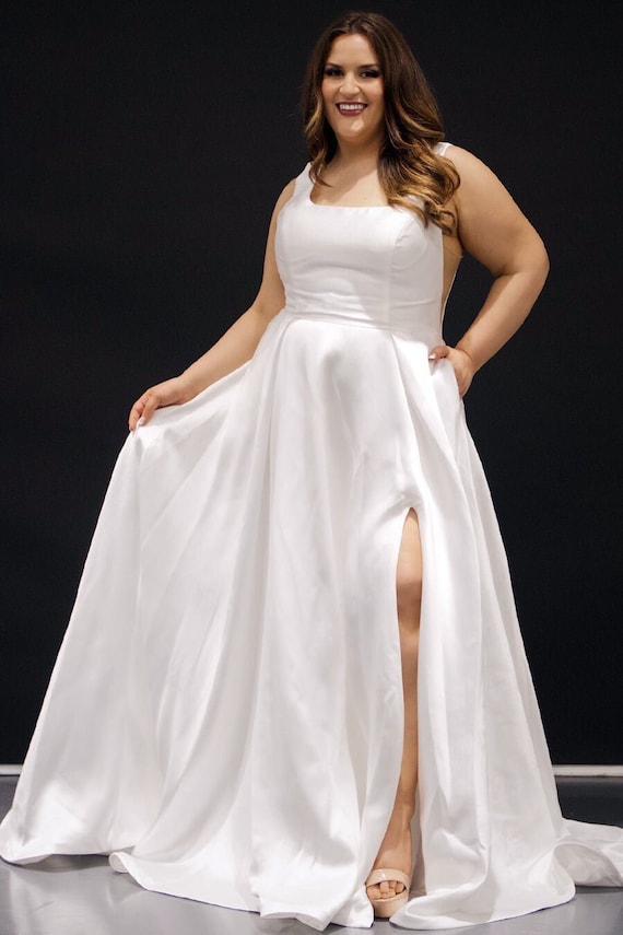Aline Plus Size Wedding Dress Bridal Gown Square Neckline Side Slit Skirt  Bridal Ivory Satin Bra Friendly Straps Pockets 