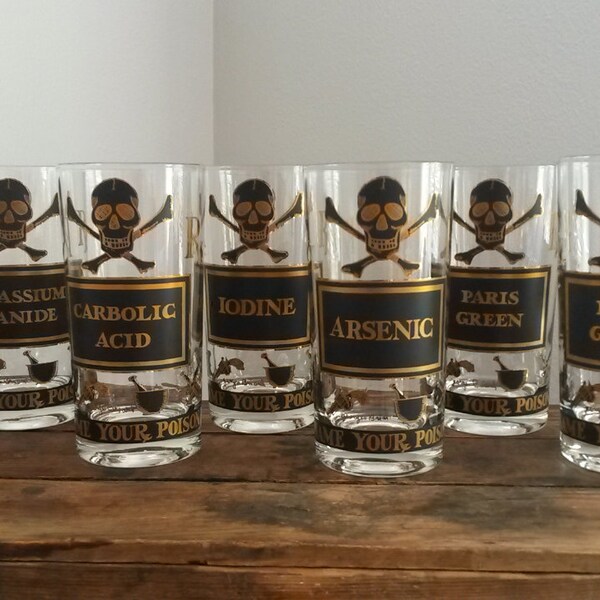 Georges Briard Name Your Poison Glasses S/8, Halloween Serveware, Halloween Party