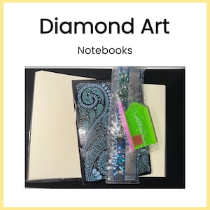 May include: A Diamond Art notebook kit with the words "Diamond Art Notebooks" at the top. The kit includes a notebook with a blue and teal design, a pink stylus, and a green tray.