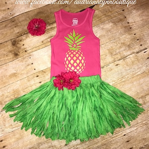 Hawaiian Luau Outfit for Girls – Toddler Birthday Party Dress – Pineapple Tank Top, Grass Skirt, Flower Clip – Hula Costume