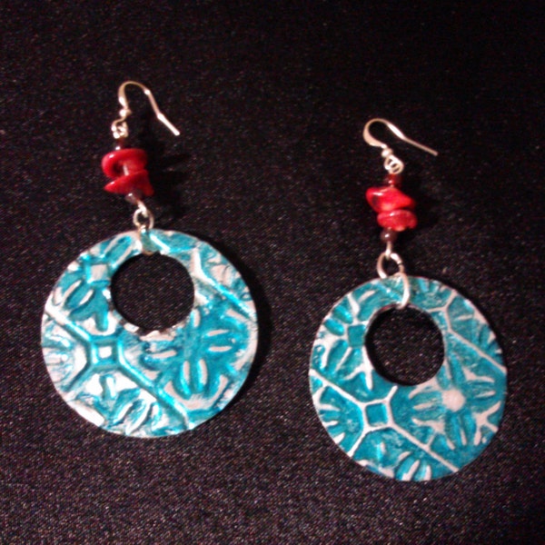 Blue circular recycled handcrafted Upcycled Soda Can- Earrings light weight jewelry,made from Aluminum pop can uniqe metal Earrings