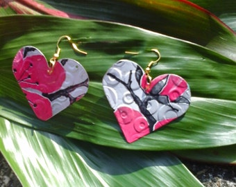 Recycled Soda Can Heart Earrings: Tropical Pink & White Aluminum