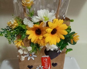 Sac cadeau pour boisson/soda avec fleurs de tournesol, parfait pour Noël, un anniversaire, un mariage, la chasse aux cadeaux ou toute autre occasion.