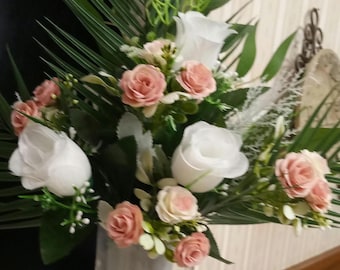 Grave site wedding or any occasion small floral arrangement. perfect for cemetery grave site. Pink and white flowers filler and greenery