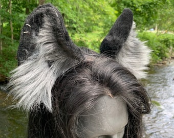 Natural Realistic Black And Silver Fox Ears, Handmade Faux Fur Kitten Cosplay Anime Neko Ears on Headband