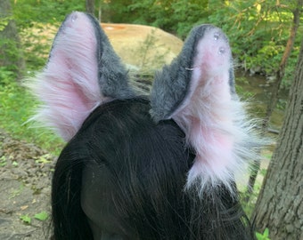 Demigirl Pride Kitten Ears: Handmade Pink & Gray Faux Fur Cosplay Neko Ears