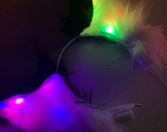 RGB Leopard Faux Fur Ears: Rave Kitten Pet Play Headband