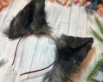Grey Wolf Ears - 5” Tall, Poseable with Airbrushed Details on Metal Headband