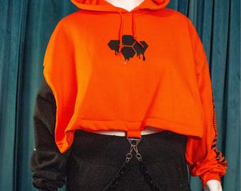 Protogen Cyberpunk Crop Top: Orange & Black Techwear Hoodie