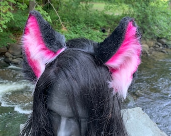 Hot Pink and Black Fox Ears, Handmade Faux Fur Kitten Ears on Headband