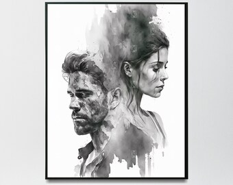 Precious Moment Digital Large Poster - 16x20 Printable Black Watercolor Couple Portrait for Romantic Home Decor, Unique Gift for Anniversary