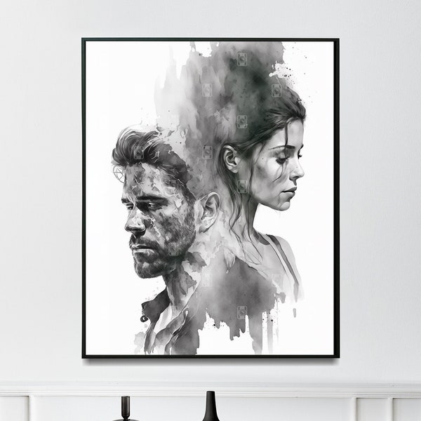 Precious Moment Digital Large Poster - 16x20 Printable Black Watercolor Couple Portrait for Romantic Home Decor, Unique Gift for Anniversary