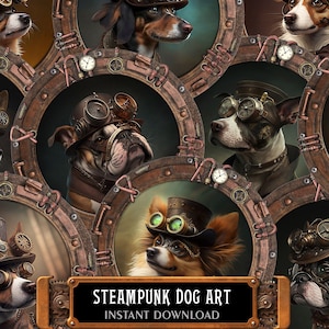 18 Cyfrowy Steampunk Pies Portret Okrągła Ramka Malowanie Zwierząt Buldog Jamnik Corgi Clip Art do Dziennika Śmieci, Albumu, Zestawu Ephemera Wydruku