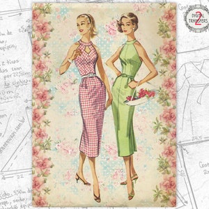 May include: Two women wearing vintage dresses with a gingham pattern and a solid green color. The women are standing in front of a floral background. The image is a digital transfer.