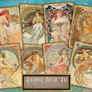 Digitale ATC Alphonse Mucha Jugendstil Damen Poster - Set von 8 ACEO Original 2,5 "x 3,5" Karten. Druckfertiges PNG, Jpg, Pdf 300dpi A4 Blatt