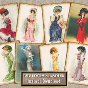 Digital ATC 1900s Victorian Ladies Dress Fashion - Juego de 8 tarjetas ACEO Original Art de 2,5"x3,5". Listo para imprimir PNG, Jpg, Pdf 300 ppp Hoja A4