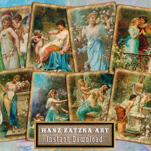 Pinturas digitales de ángeles de ATC Hans Zatzka Girl - Conjunto de 8 imágenes de arte original ACEO de 2,5"x3,5". Listo para imprimir PNG, Jpg, Pdf 300 ppp Hoja A4