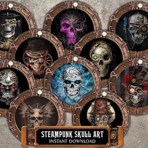 2+1 無料デジタルペーパーキット スチームパンク スカル - スケルトン絵画の 18 枚の円形フレームアート画像 Ø3.15 インチ、Ø3.94 インチ クラフト、スクラップ、デコパージュ、DIY 用