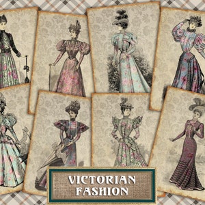 Cyfrowe karty ATC Victorian Fashion Ladies - 8 ACEO Retro Women Drawings Sukienka z lat 1800. do nadruków decoupage, tagi Junk Journal, zestaw efemeryd