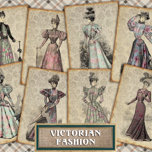 Digital ATC Cards Victorian Fashion Ladies - 8 ACEO Retro Women Drawings 1800s Dress for Decoupage Prints, Junk Journal Tags, Ephemera Kit