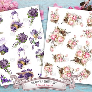 2 digitale papieren afdrukbare bloemboeket A4-vellenset - 24 afbeeldingen met hoge resolutie voor decoupage, scrapbooking, ambacht, vintage kunst, doe-het-zelf