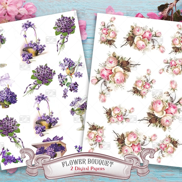 2 Digital Paper Printable Flower Bouquet A4 Sheet Set - 24 high resolution images for decoupaging, scrapbooking, craft, vintage art, DIY