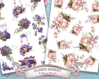 Juego de 2 hojas A4 imprimibles digitales con diseño de ramo de flores: 24 imágenes de alta resolución para decoupage, scrapbooking, manualidades, arte vintage y proyectos DIY.