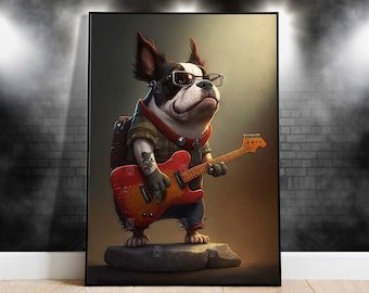 Pet Rock Printable Dog Poster - Large 12x15 Funny Animal Portrait for Music Lover Gift, Pet Gift for Him, Studio Decor, Apartment Wall Art