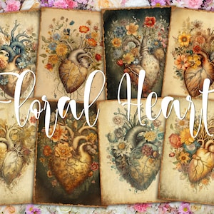 Floral Heart Human Anatomy Surreal Art ATC Cards - 8 Printable ACEO Watercolor Botanical Clipart, Digital Junk Journal, Vintage Ephemera Kit