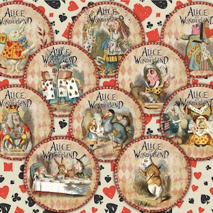 12 imágenes redondas PNG de Alicia en el país de las maravillas, arte caprichoso de Lewis Carroll, el Sombrerero Loco, el Conejo Blanco, el Kit de diario basura de hadas de la Reina de Corazones