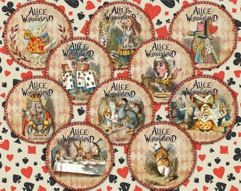 12 Alice in Wonderland Round Images PNG, Whimsical Art of Lewis Carroll Mad Hatter, White Rabbit, Queen of Hearts Fairy Junk Journal Kit