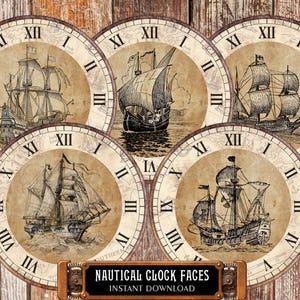 5 quadranti di orologio nautico da 8 pollici, decorazione da parete con veliero antico, per decoupage, taglio preciso. Kit per la creazione di orologi in formato PNG pronto per la stampa.