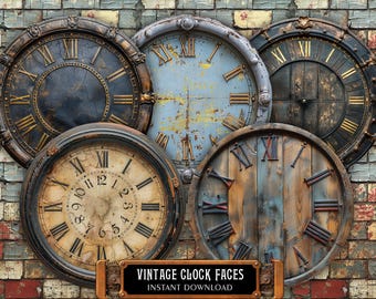 5 Vintage Clock Faces 8" without Clock Hands, Roman Numerals Antique Watch Dials for Decoupage, Clock Making Kit. Ready to Print 5 PNG Files