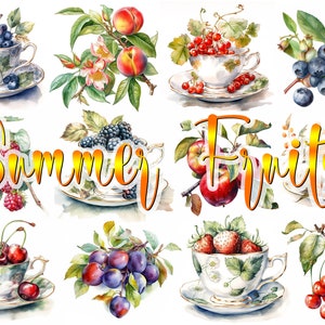 24 Clipart de frutas aquarela de verão - 3 folhas digitais para impressão, maçã, cereja, pêssego, morango, mirtilo adesivo de arte botânica, corte exigente